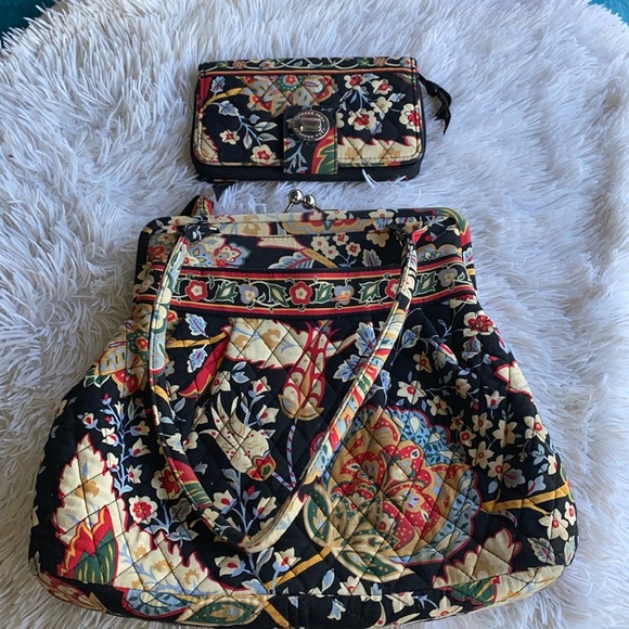 Retired Vera Bradley handbag & zip around wallet multi colors blues floral print - Picture 1 of 15